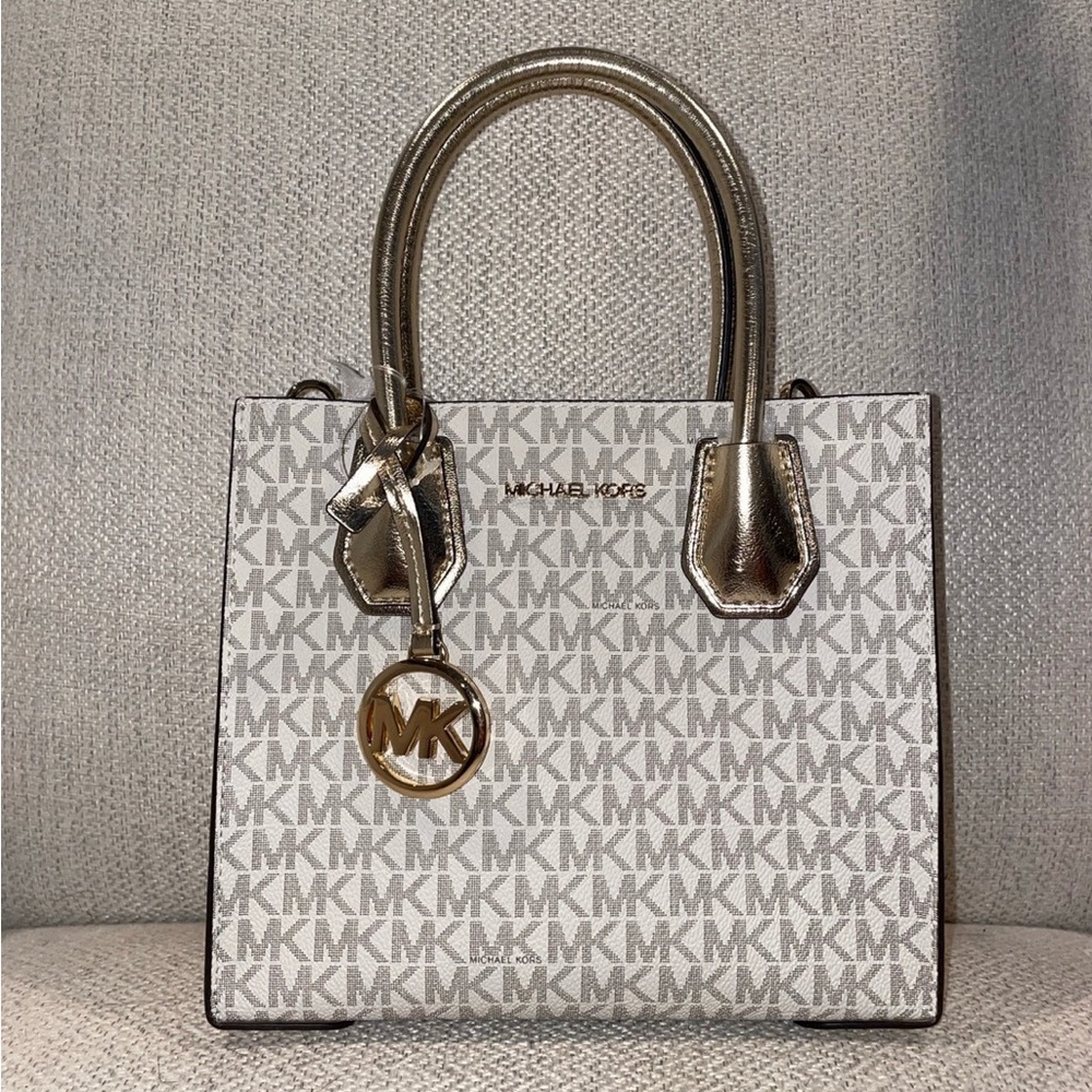 NEW Michael Kors Mercer Medium Signature Logo Metallic Accordion Crossbody Bag